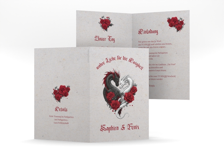 Einladungskarte Hochzeit Drachenliebe A6 Klappkarte hoch grau mit schwarzem und weißem Drachen zu einem Herz verschlungen