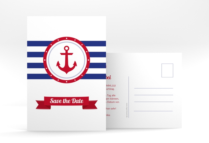 Save the Date-Postkarte Geburtstag Ahoi A6 Postkarte blau hochglanz maritim mit Anker