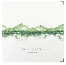 Klick: Details zu Gästebuch Selection Hochzeit "Bergliebe" anzeigen Gästebuch Selection Hochzeit Bergliebe Leinen-Hardcover gruen mit Gebirgspanorama für Berghochzeit