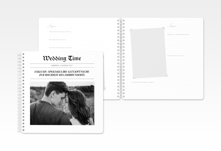 Gästebuch Hochzeit Wedding Time Ringbindung weiss im Stil einer Zeitung