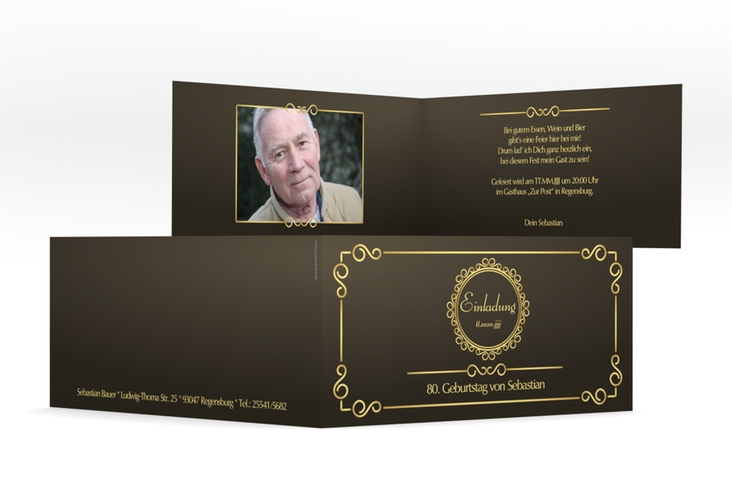 Einladung 80. Geburtstag Bert/Berta lange Klappkarte quer braun