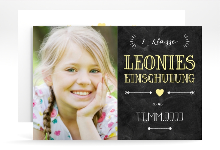 Einschulungskarte Buchstabenparty A6 Karte quer gelb hochglanz zum 1. Geburtstag in Schiefertafel-Optik mit Foto