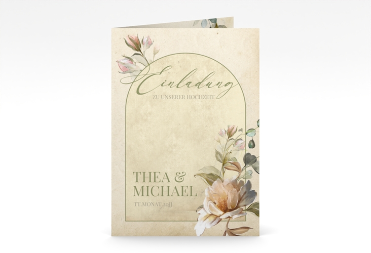 Einladungskarte Hochzeit Dornröschen A6 Klappkarte hoch mit Aquarell-Rosen im Vintage-Look