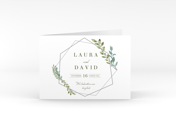 Danksagungskarte Hochzeit Herbarium A6 Klappkarte quer grau hochglanz mit geometrischem Rahmen und Blätter-Dekor