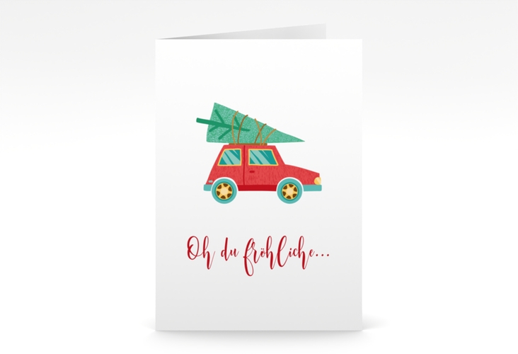 Business-Weihnachtskarte Weihnachtslust A6 Klappkarte hoch weiss hochglanz humorvoll mit Christbaum auf Auto