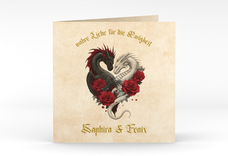 Hochzeitseinladung Drachenliebe quadr. Klappkarte mit schwarzem und weißem Drachen zu einem Herz verschlungen