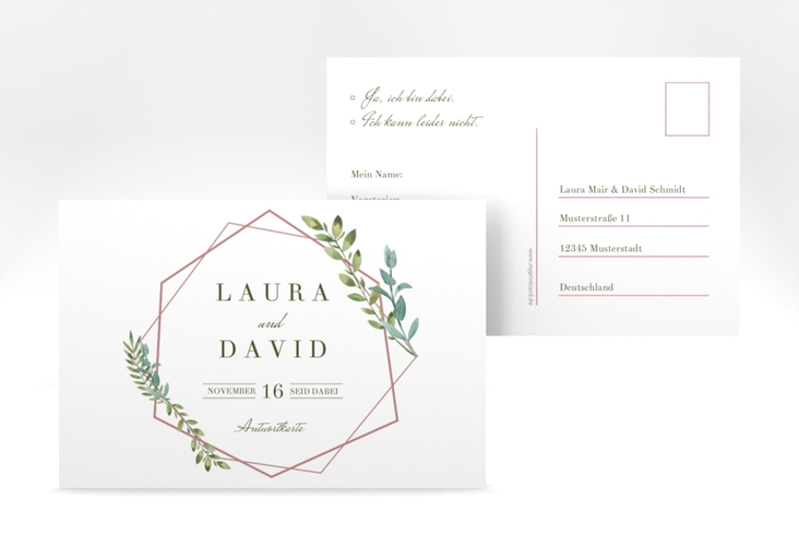 Antwortkarte Hochzeit  Herbarium A6 Postkarte rosa mit geometrischem Rahmen und Blätter-Dekor