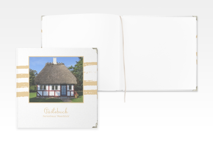 Gästebuch Selection Ferienwohnung Meerblick Leinen-Hardcover beige maritim gestreift mit Foto