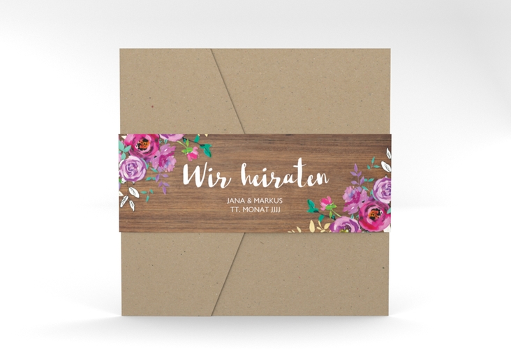 Hochzeitseinladung Flourish Pocketfold braun mit floraler Bauernmalerei auf Holz