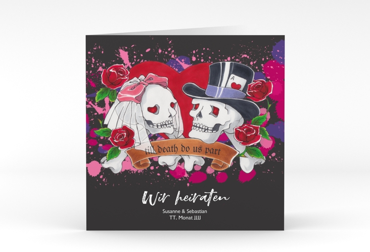 Einladungskarte Hochzeit "Palermo" quadratische Klappkarte mit Totenschädel-Paar im Tattoo-Stil