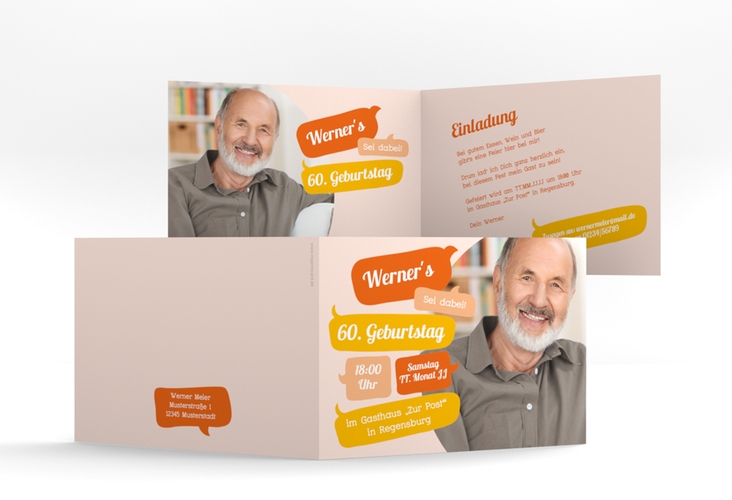 Einladung 60. Geburtstag Whatsup A6 Klappkarte quer orange