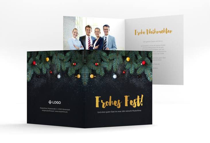 Geschäftliche Weihnachtskarte "Weihnachtlich" quadratische Klappkarte mit goldener Schrift und Weihnachtsdekor