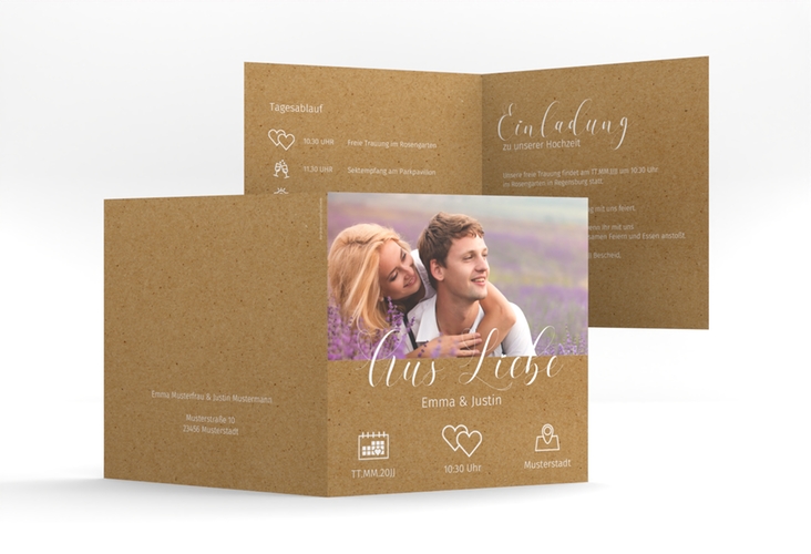 Hochzeitseinladung Timetable quadr. Klappkarte Kraftpapier im Art Déco Design