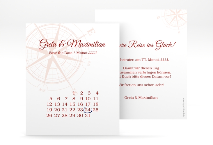 Save the Date-Kalenderblatt Windrose Kalenderblatt-Karte rot
