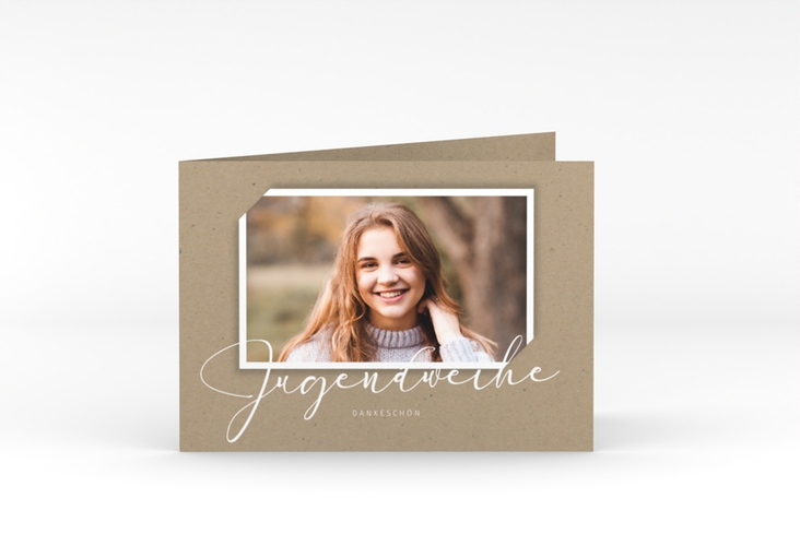 Danksagung Jugendweihe Santo A6 Klappkarte quer in Kraftpapier-Optik mit Foto