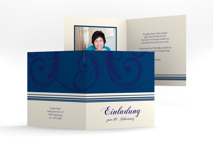 Einladung 50. Geburtstag Katharina quadr. Klappkarte blau hochglanz