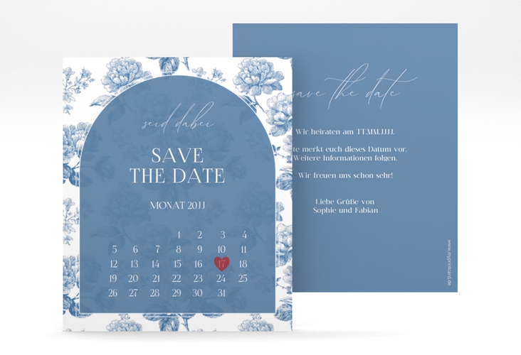 Save the Date-Kalenderblatt Blue Floral Kalenderblatt-Karte blau mit blauem Blumenmuster auf weißem Grund