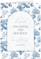 Einladungskarte Hochzeit Blue Floral A6 Klappkarte hoch weiss mit blauem Blumenmuster auf weißem Grund