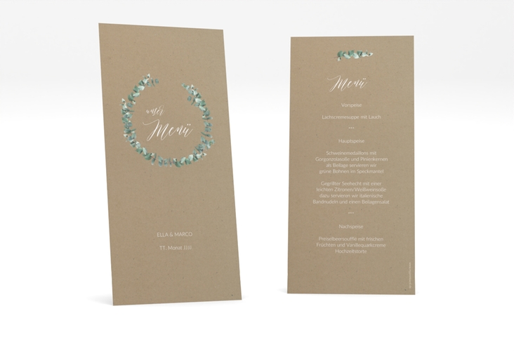 Menükarte Hochzeit Silverleaf lange Karte hoch Kraftpapier mit Eukalyptus-Zweig