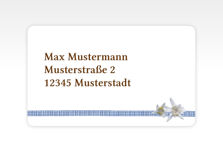 Empfängeretikett Hochzeit Bayern 63,5 x 38,1 mm blau mit Edelweiß in rustikaler Holz-Optik