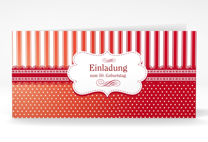 Einladung 50. Geburtstag Heinrich/Henriette lange Klappkarte quer rot mit frechen Polka Dots