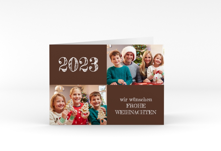 Weihnachtskarte Besinnlichkeit A6 Klappkarte quer braun hochglanz zum Personalisieren mit Jahreszahl