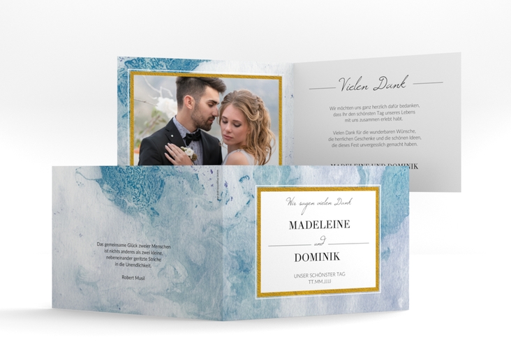 Danksagungskarte Hochzeit Marble A6 Klappkarte quer blau hochglanz