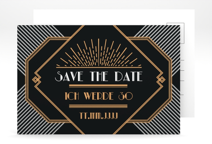 Save the Date-Postkarte Geburtstag Glamour A6 Postkarte im Art Déco Stil der 20er Jahre