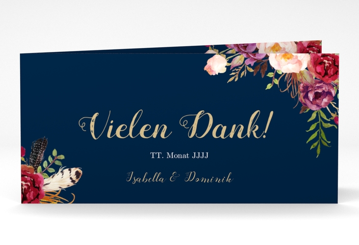 Danksagungskarte Hochzeit Flowers lange Klappkarte quer blau mit bunten Aquarell-Blumen