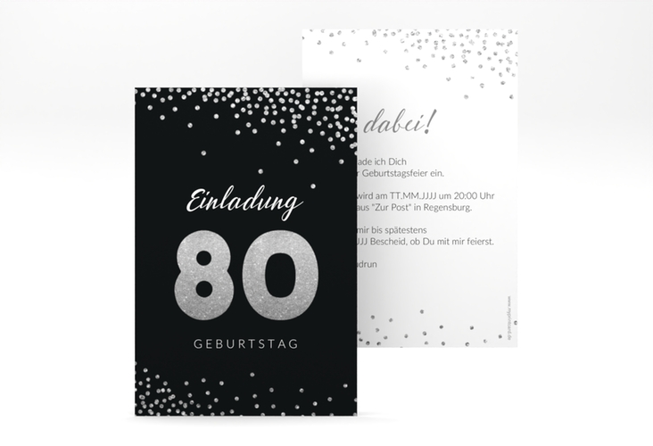 Einladung 80. Geburtstag Glitzer A6 Karte hoch grau