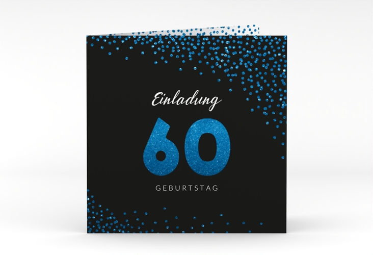 Einladung 60. Geburtstag Glitzer quadr. Klappkarte blau hochglanz