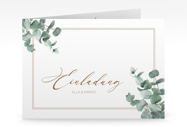 Hochzeitseinladung "Eucalypt" mittlere Klappkarte quer weiss mit Eukalyptus und edlem Rahmen