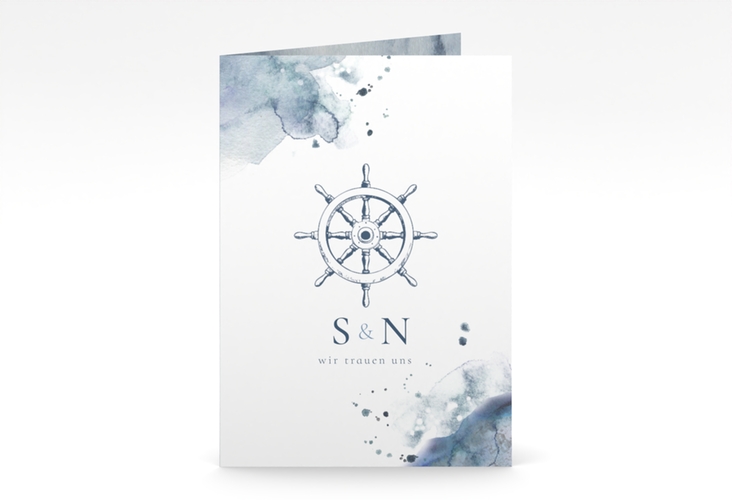 Einladungskarte Hochzeit Steuerrad A6 Klappkarte hoch in maritimen Blautönen