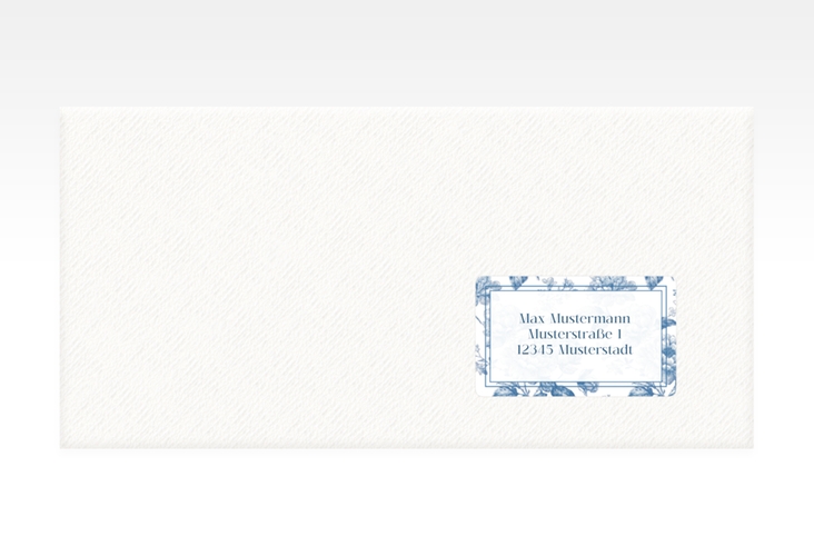 Empfängeretikett Hochzeit Blue Floral 63,5 x 38,1 mm weiss mit blauem Blumenmuster auf weißem Grund
