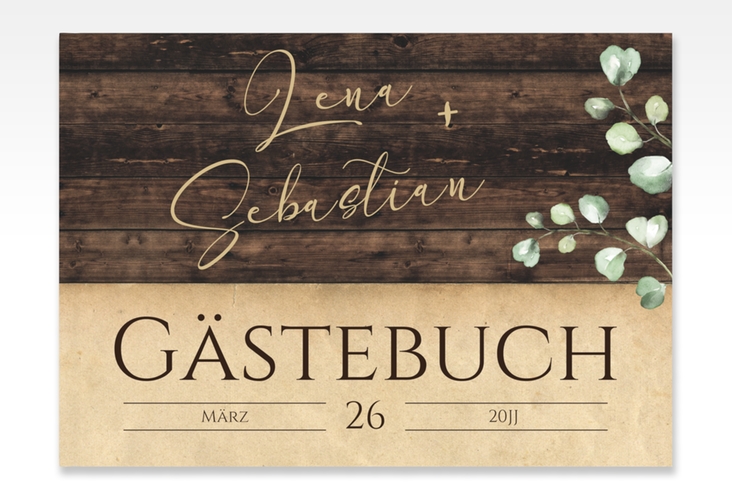 Gästebuch A4 quer Landhaus A4 quer, Hardcover braun in Holz-Optik mit Eukalyptus