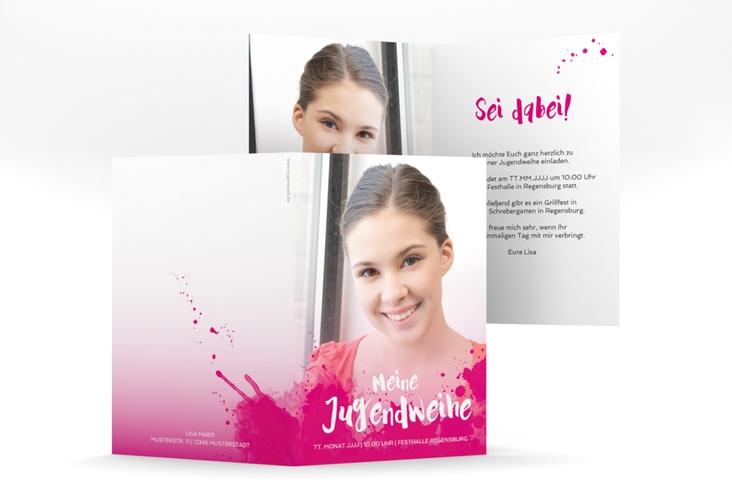 Einladung Jugendweihe Graffiti A6 Klappkarte hoch pink