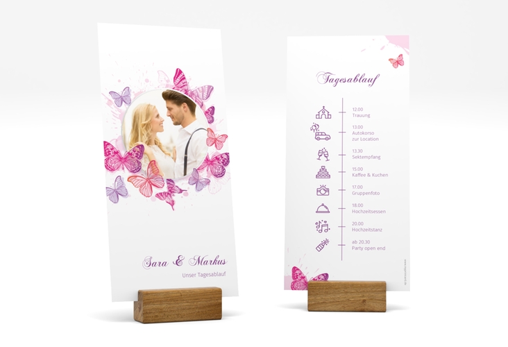 Tagesablauf Hochzeit Schmetterlinge lange Karte hoch pink hochglanz