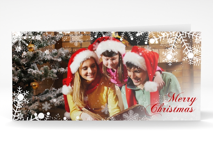 Weihnachtskarte Heiligabend lange Klappkarte quer weiss hochglanz mit Foto und Schneeflocken-Dekor