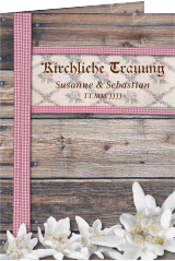 Klick: Details zu Kirchenheft Hochzeit "Bayern" anzeigen Kirchenheft Hochzeit Bayern A5 Klappkarte hoch rot mit Edelweiß in rustikaler Holz-Optik