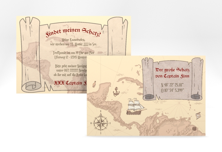 Einladungskarte Kindergeburtstag Schatzsuche A6 Karte quer beige