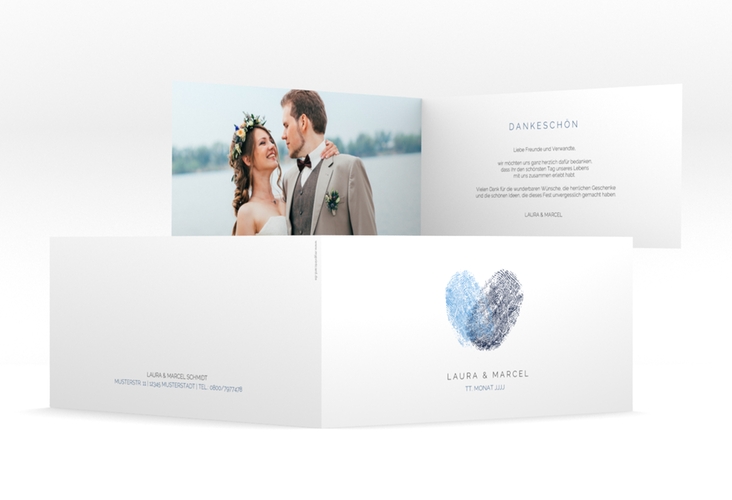 Dankeskarte Hochzeit Fingerprint lange Klappkarte quer blau hochglanz schlicht mit Fingerabdruck-Motiv