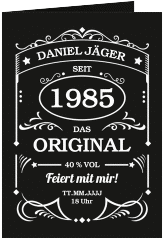 Einladung 40. Geburtstag Guter Jahrgang A6 Klappkarte hoch schwarz wie Whisky-Flaschenetikett