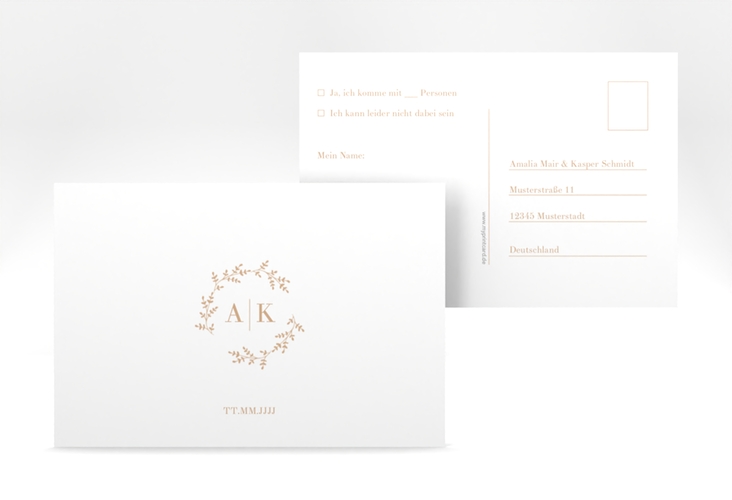 Antwortkarte Hochzeit Filigrana A6 Postkarte beige in reduziertem Design mit Initialen und zartem Blätterkranz