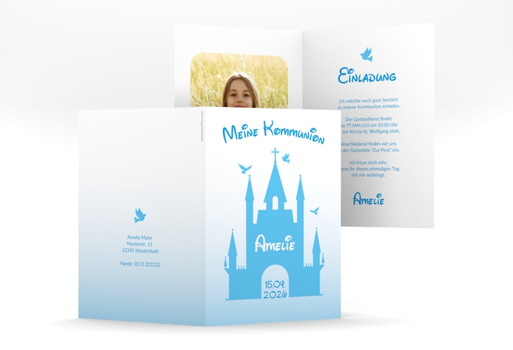 Kommunionseinladung Schlosskirche A6 Klappkarte hoch blau hochglanz