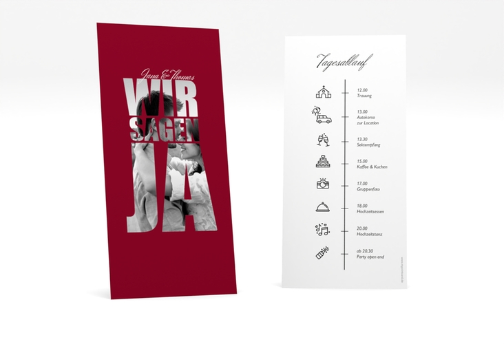 Tagesablauf Hochzeit Letters lange Karte hoch rot