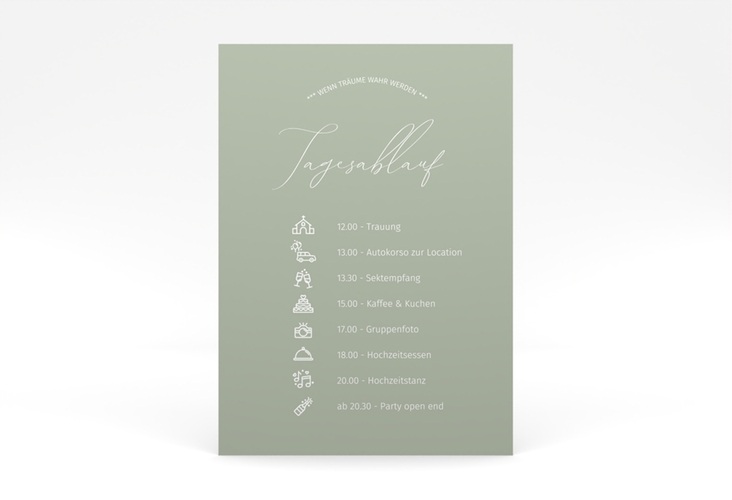 Tagesablauf Poster Hochzeit Federschrift 50 x 70 cm Poster gruen in schlichtem Design mit Kalligrafie