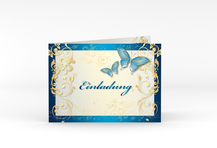 Hochzeitseinladung Toulouse A6 Klappkarte quer blau hochglanz mit Schmetterlingen und Schnörkeln