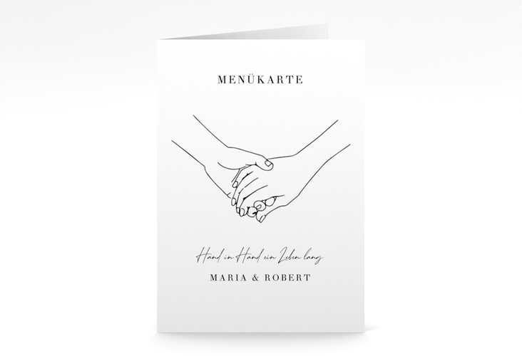 Menükarte Hochzeit Hands A5 Klappkarte hoch mit sich haltenden Händen im Monoline-Stil