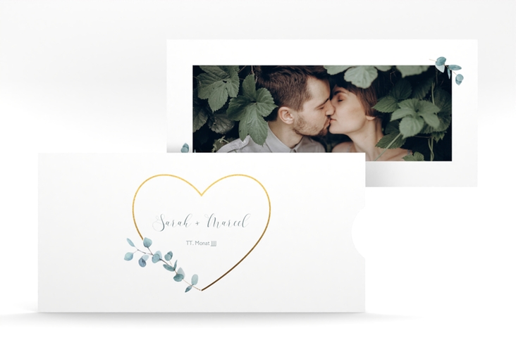 Hochzeitseinladung Greenheart Einsteckkarte gold mit elegantem Herz und Eukalyptus-Zweig