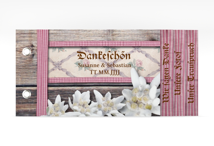 Danksagungskarte Hochzeit Bayern Booklet rot hochglanz mit Edelweiß in rustikaler Holz-Optik